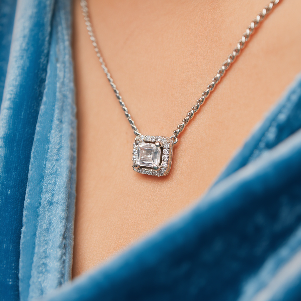Halo Emerald Cut Necklace on Cuban Chain