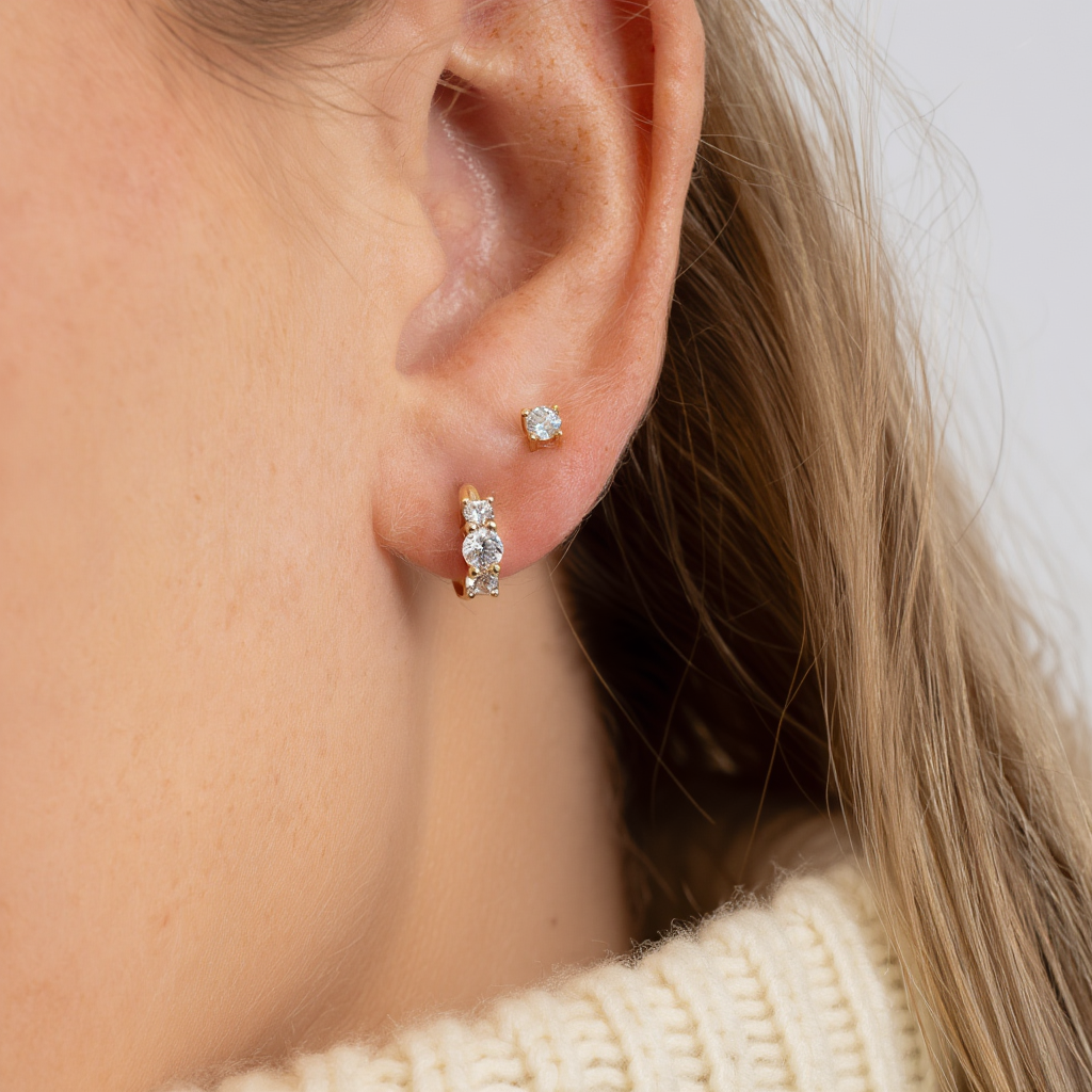 Three Stone Huggie Hoops