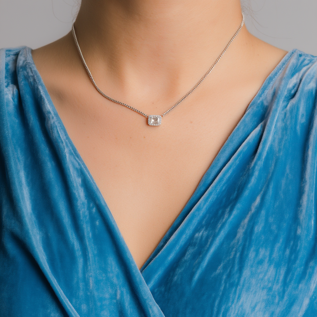 Halo Emerald Cut Necklace on Cuban Chain