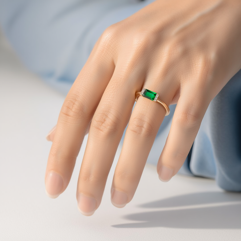 Anillos sencillos de oro con piedra de nacimiento en forma de baguette