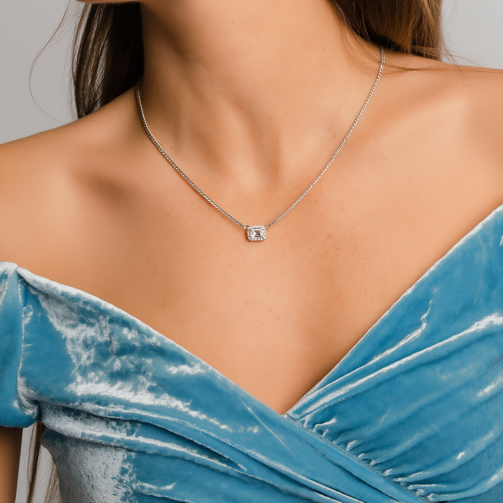 Halo Emerald Cut Necklace on Cuban Chain