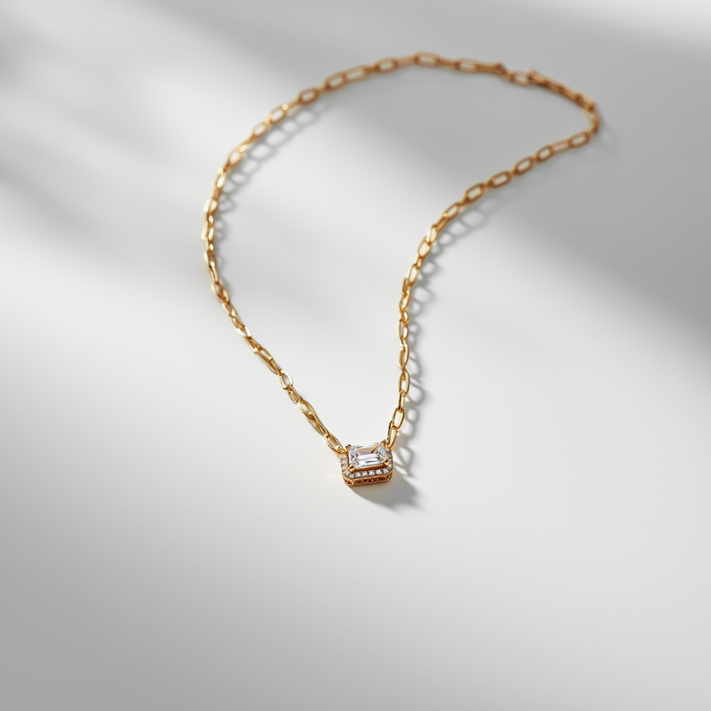 Halo Baguette Necklace w/ Paperclip Chain