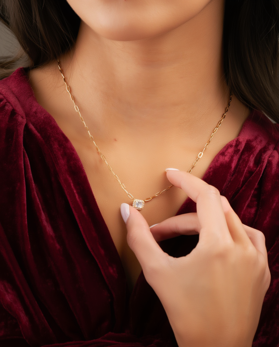 Halo Baguette Necklace w/ Paperclip Chain