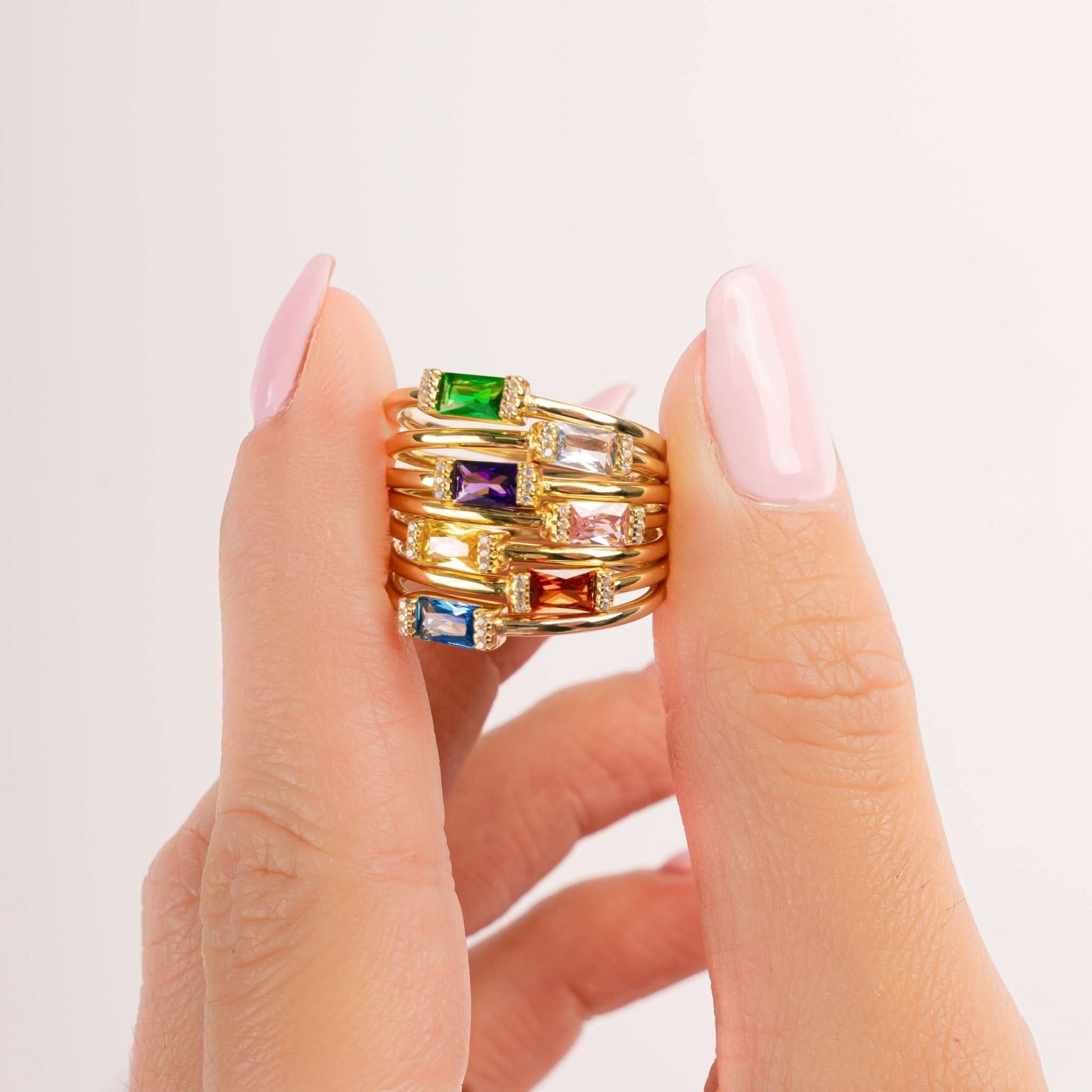 Gold Simple Baguette Birthstone Rings - AYUNA