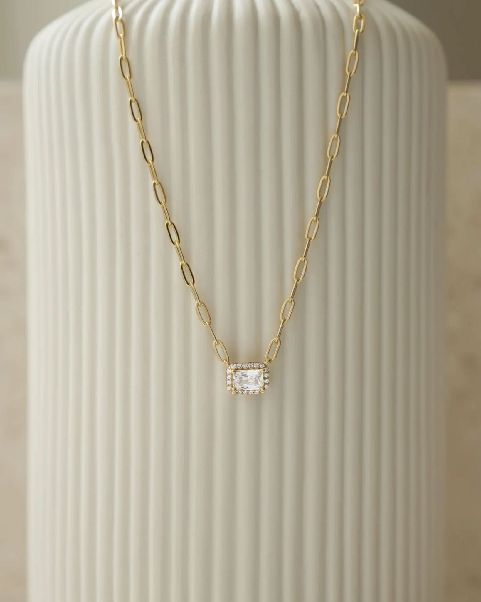 Halo Baguette Necklace w/ Paperclip Chain - AYUNA