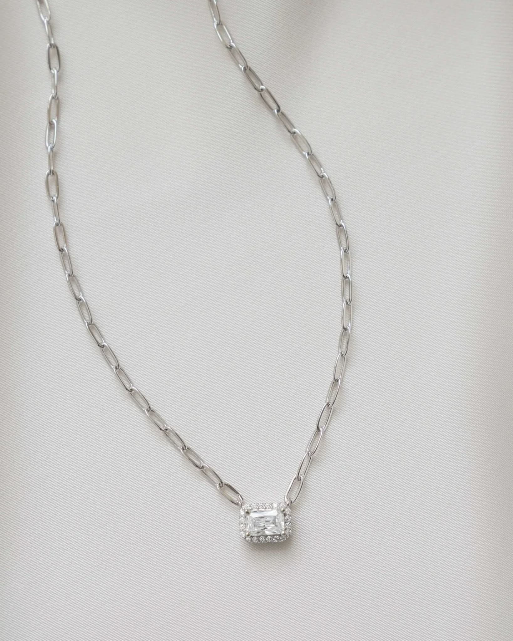 Halo Baguette Necklace w/ Paperclip Chain - AYUNA