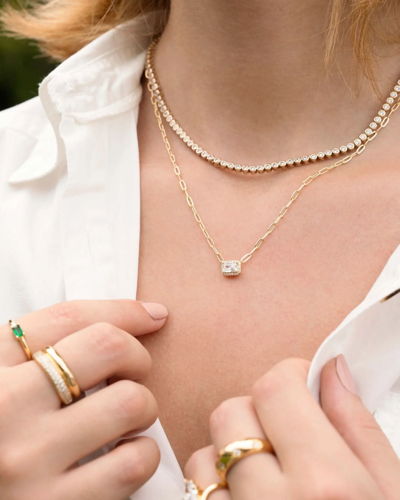 Halo Baguette Necklace w/ Paperclip Chain - AYUNA