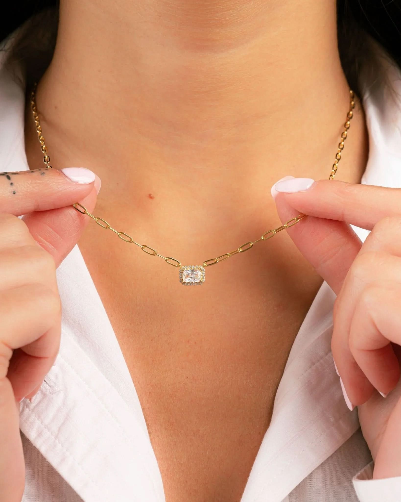 Halo Baguette Necklace w/ Paperclip Chain - AYUNA