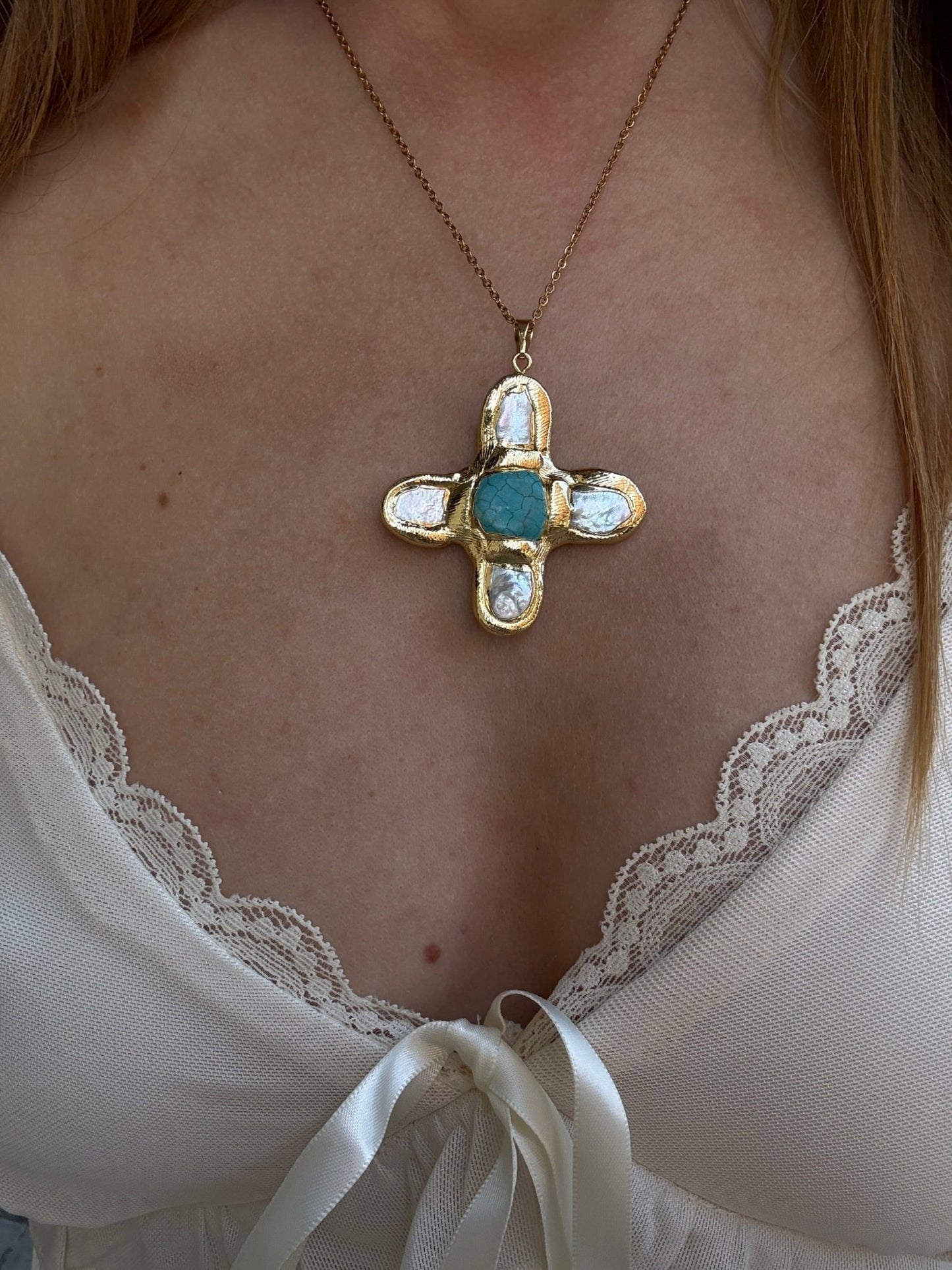 Molten Cross Necklace - Natural Pearl - AYUNA