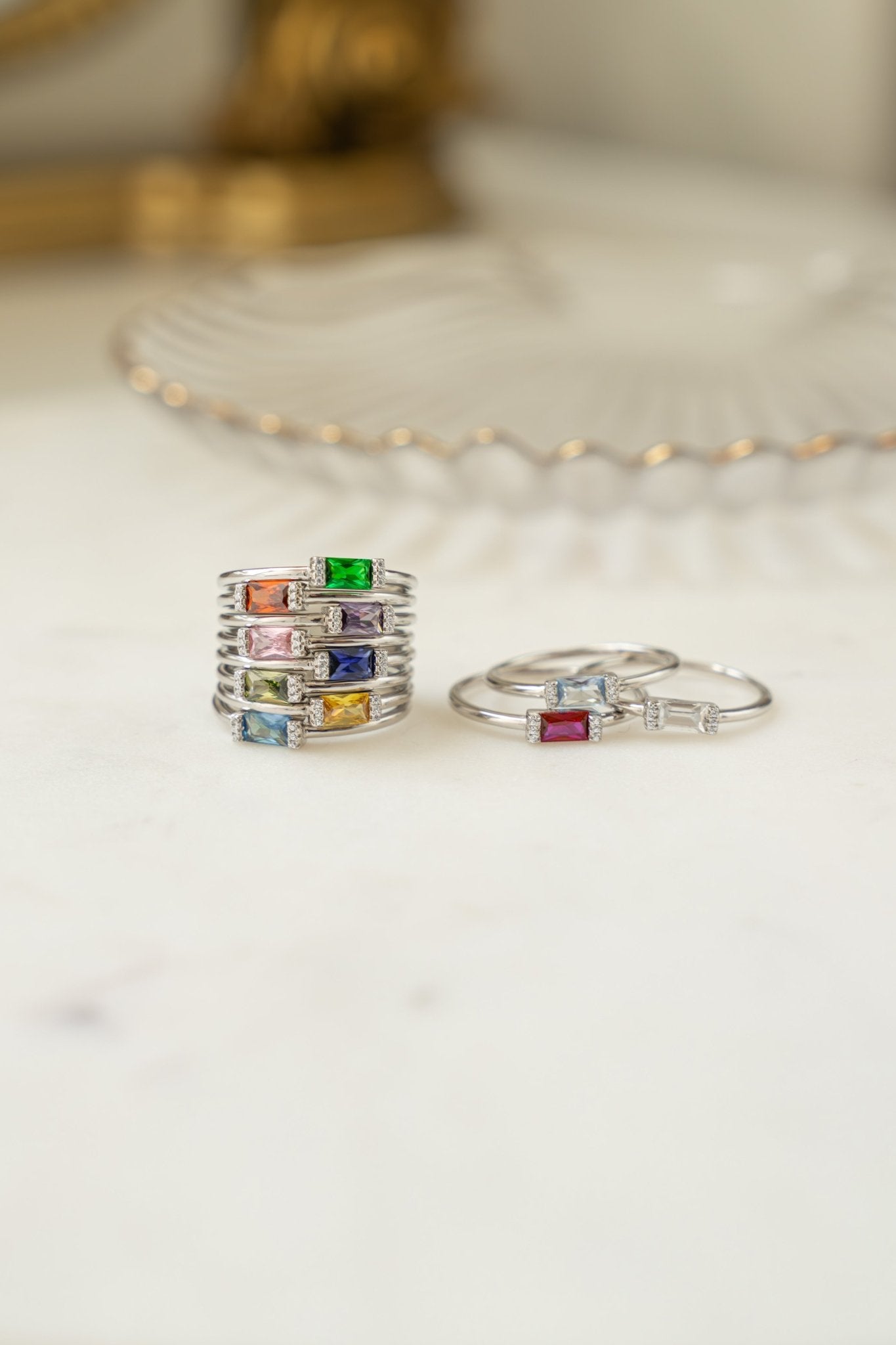 Silver Simple Baguette Birthstone Rings - AYUNA
