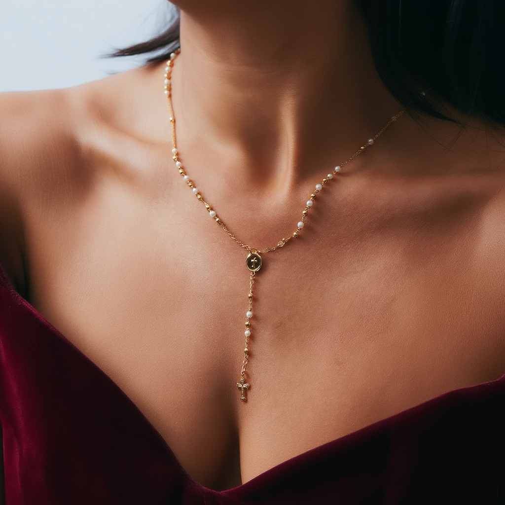 Mary Rosary Lariat Cross Necklace