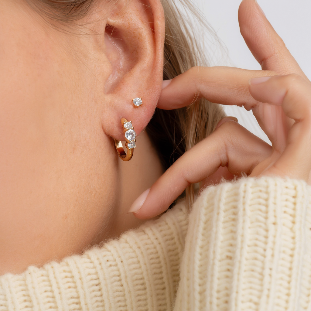 Three Stone Huggie Hoops