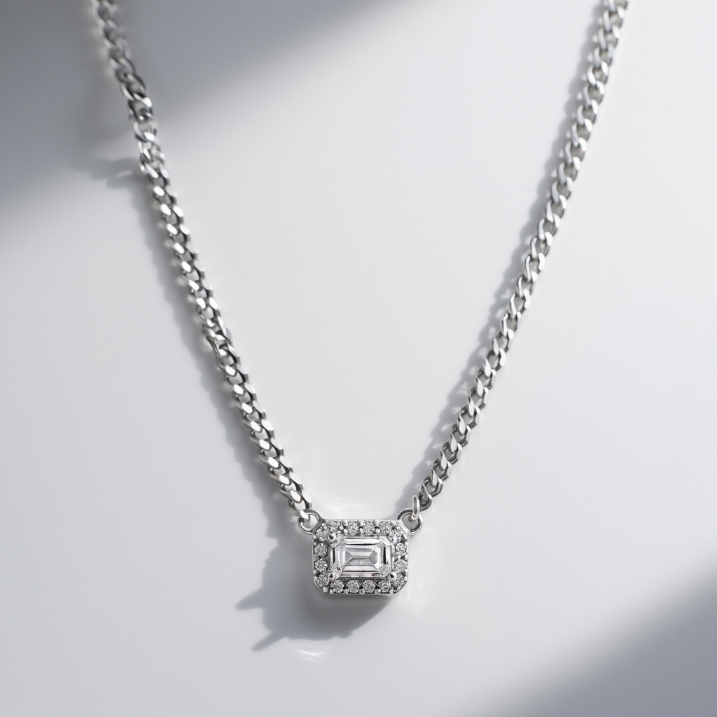 Halo Emerald Cut Necklace on Cuban Chain