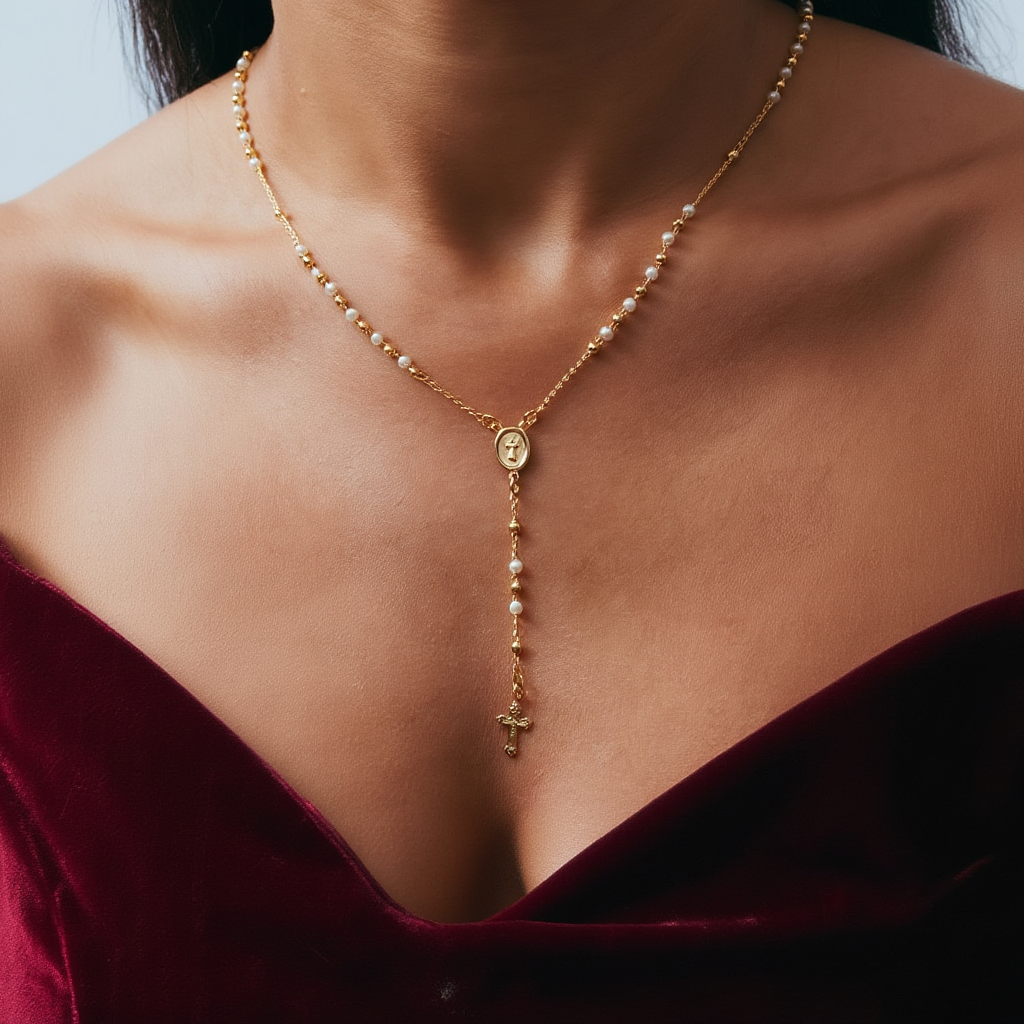 Mary Rosary Lariat Cross Necklace