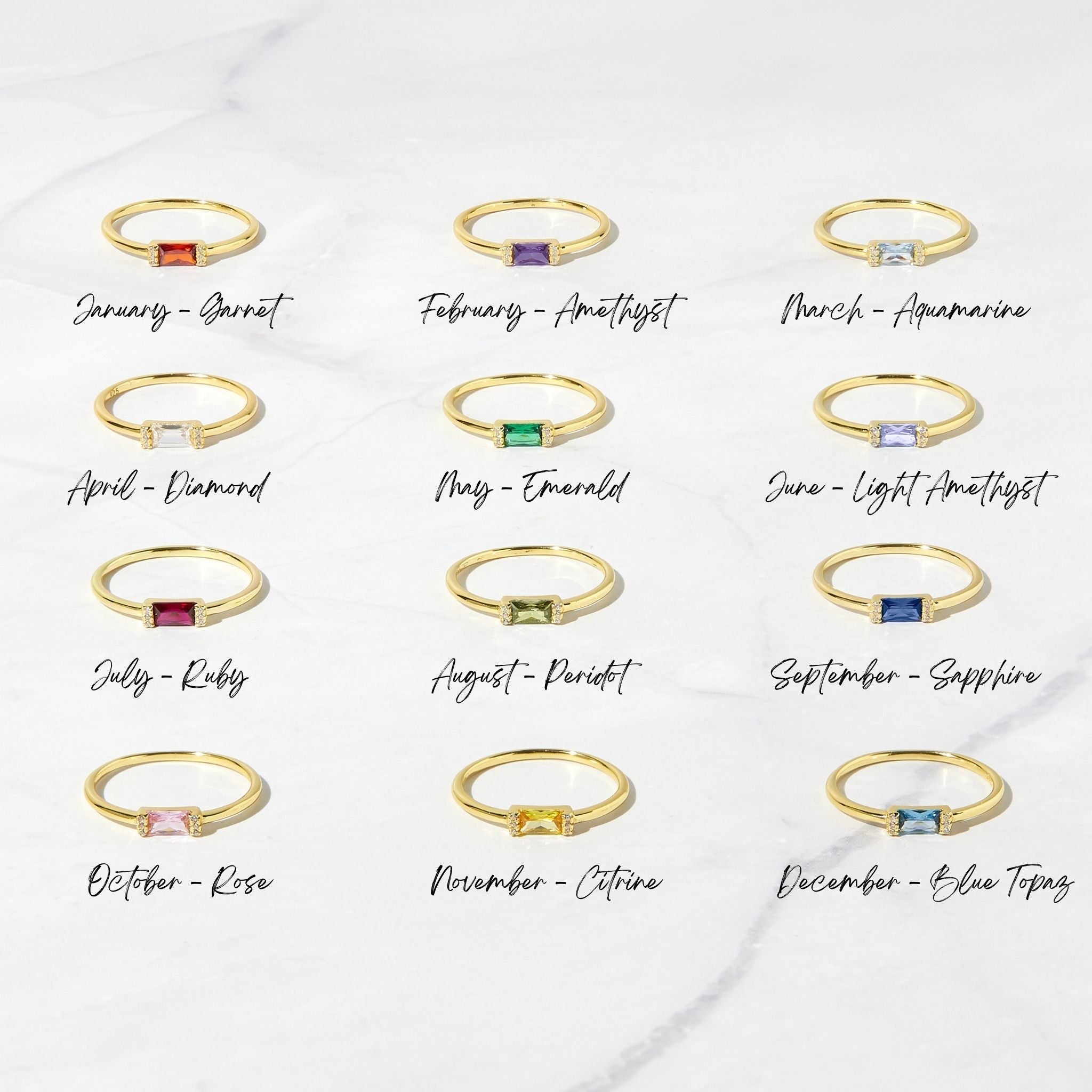 Gold Simple Baguette Birthstone Rings - AYUNA