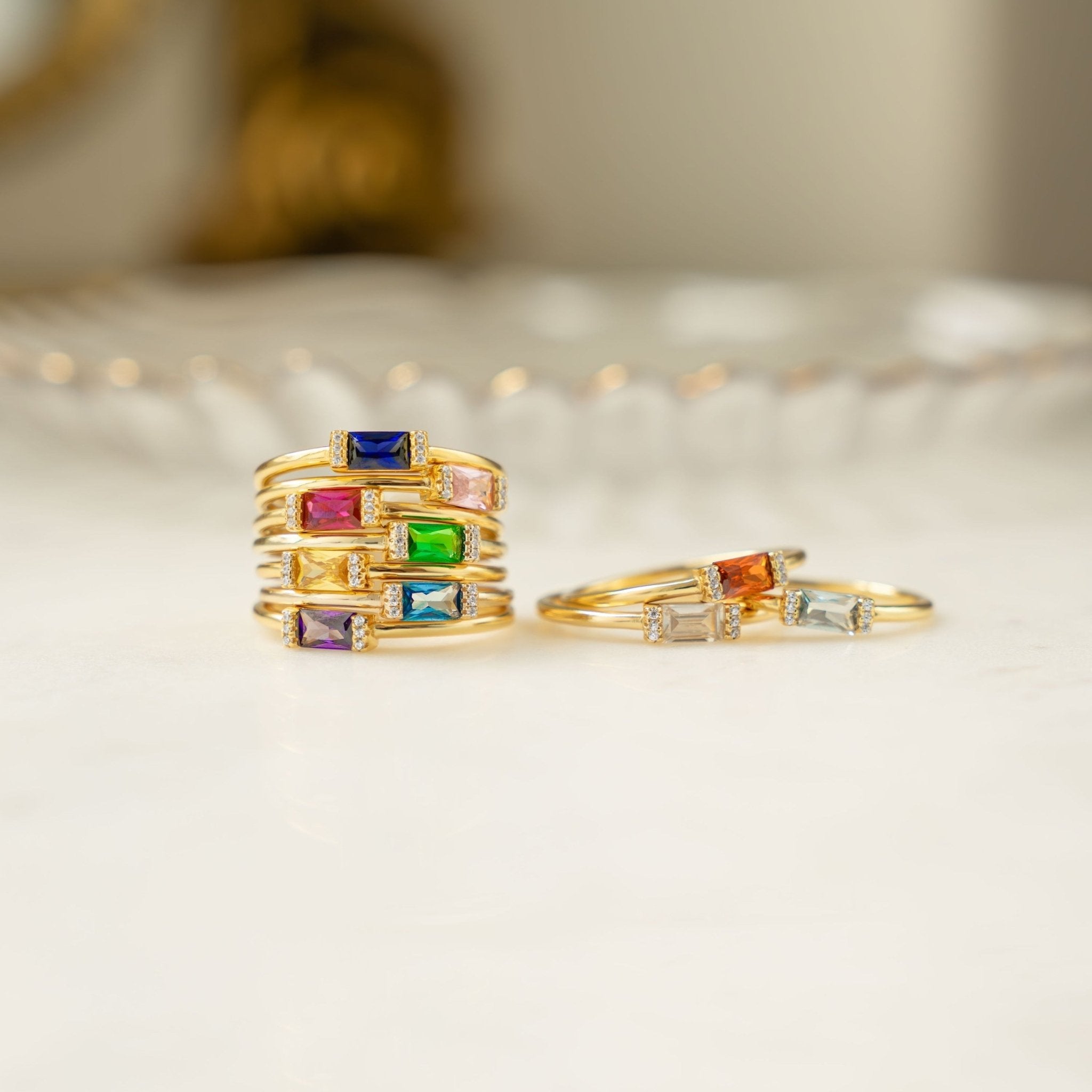 Gold Simple Baguette Birthstone Rings - AYUNA