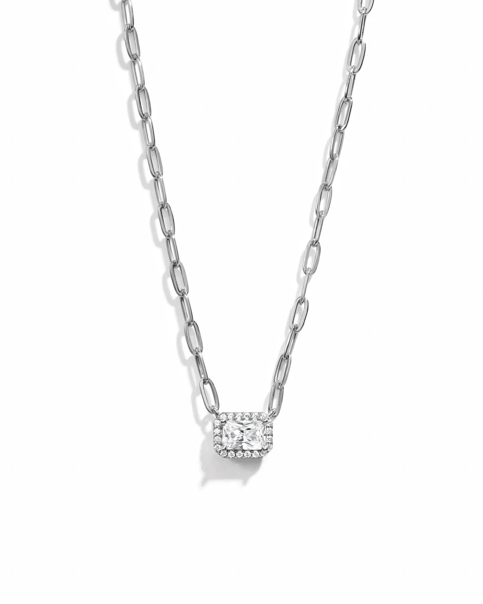 Halo Baguette Necklace w/ Paperclip Chain - AYUNA