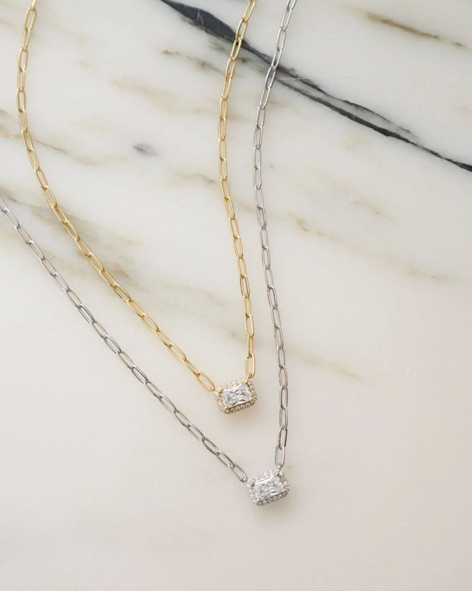 Halo Baguette Necklace w/ Paperclip Chain - AYUNA