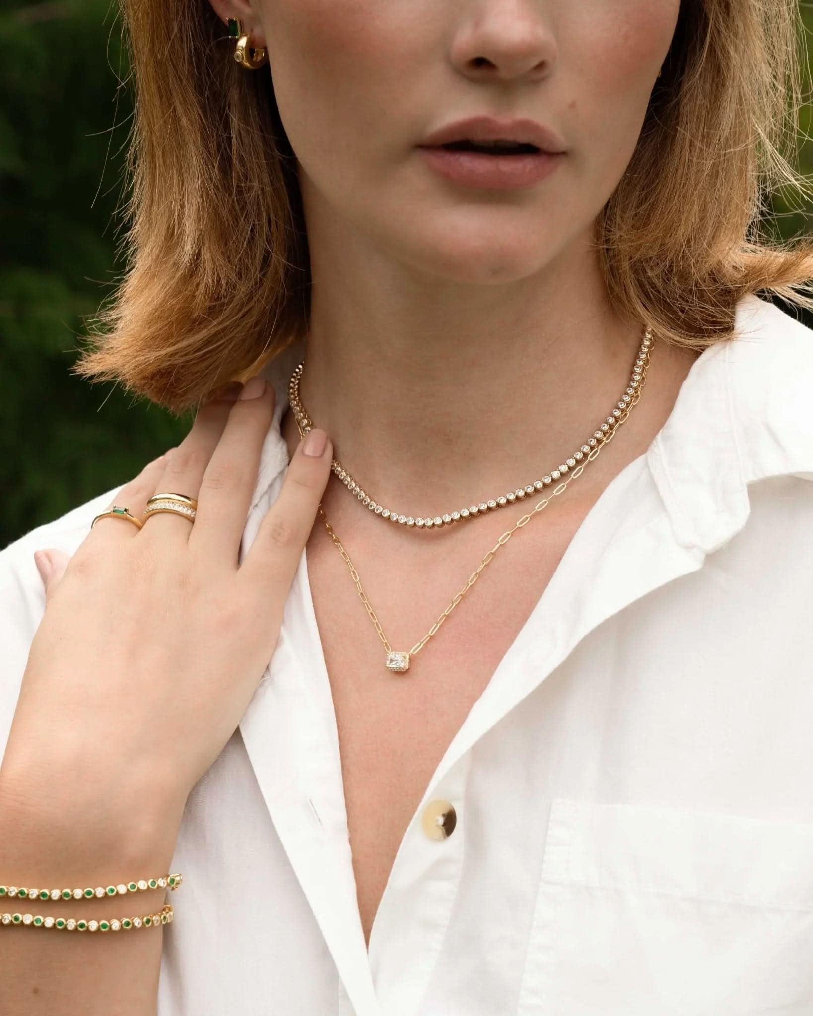 Halo Baguette Necklace w/ Paperclip Chain - AYUNA