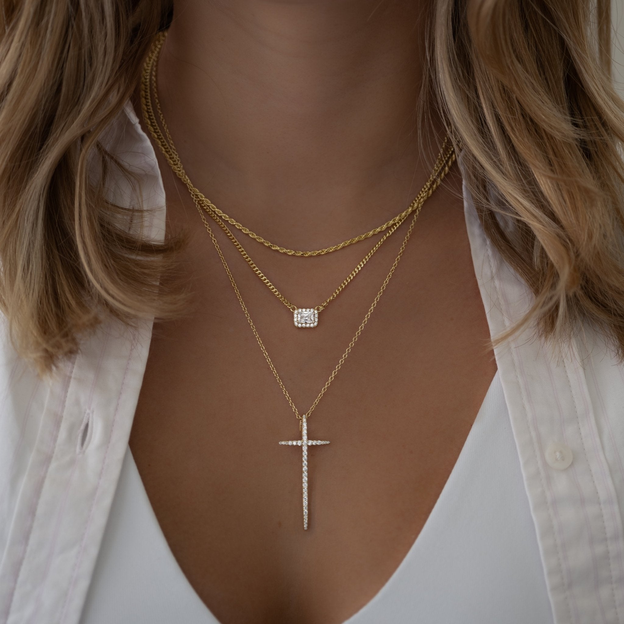 Halo Emerald Cut Necklace on Cuban Chain - AYUNA