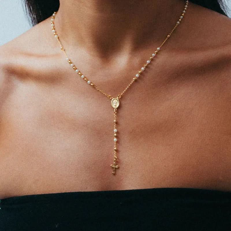 Mary Rosary Lariat Cross Necklace - AYUNA