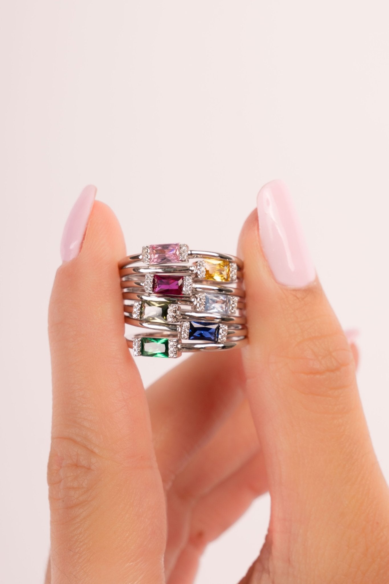 Silver Simple Baguette Birthstone Rings - AYUNA