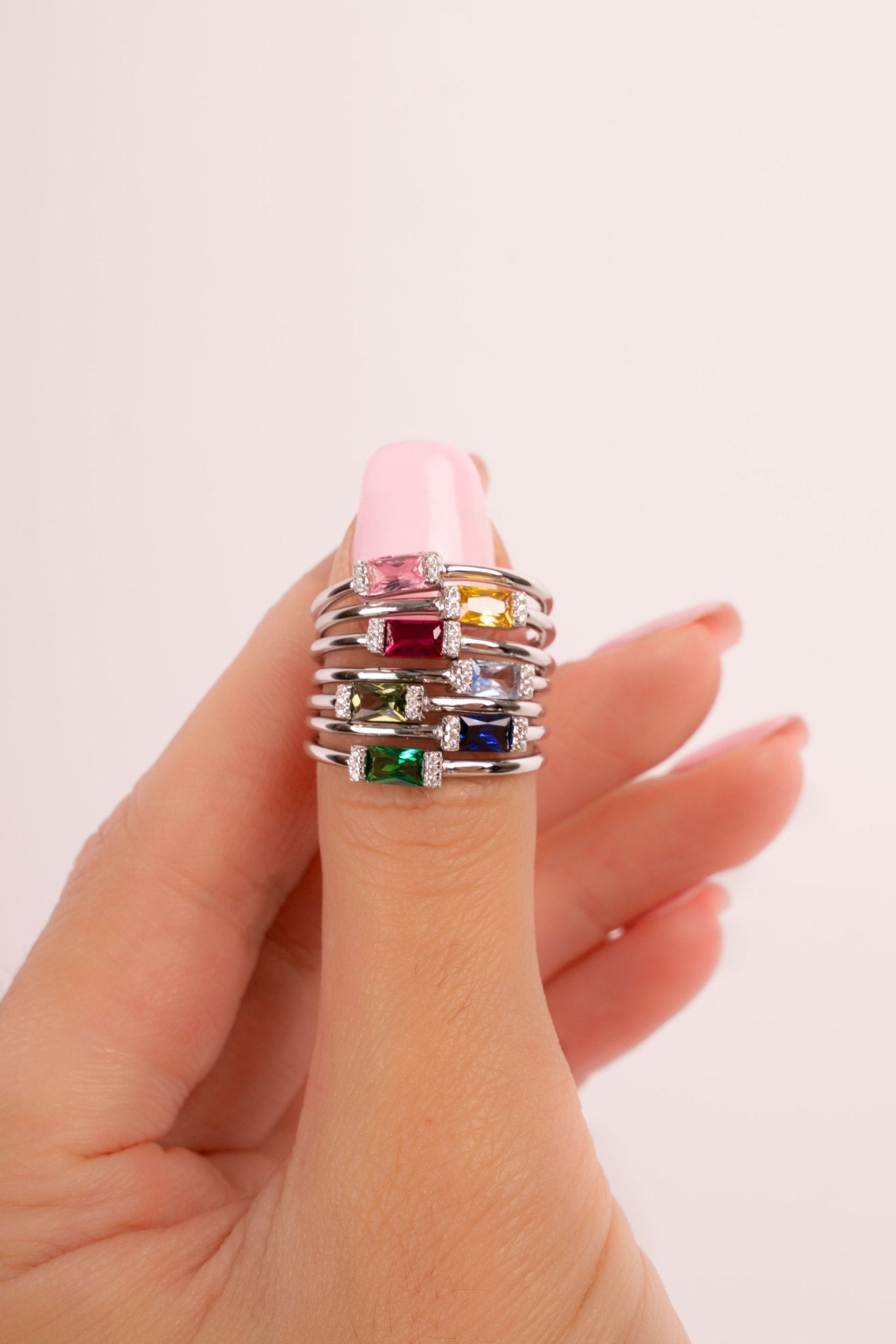Silver Simple Baguette Birthstone Rings - AYUNA