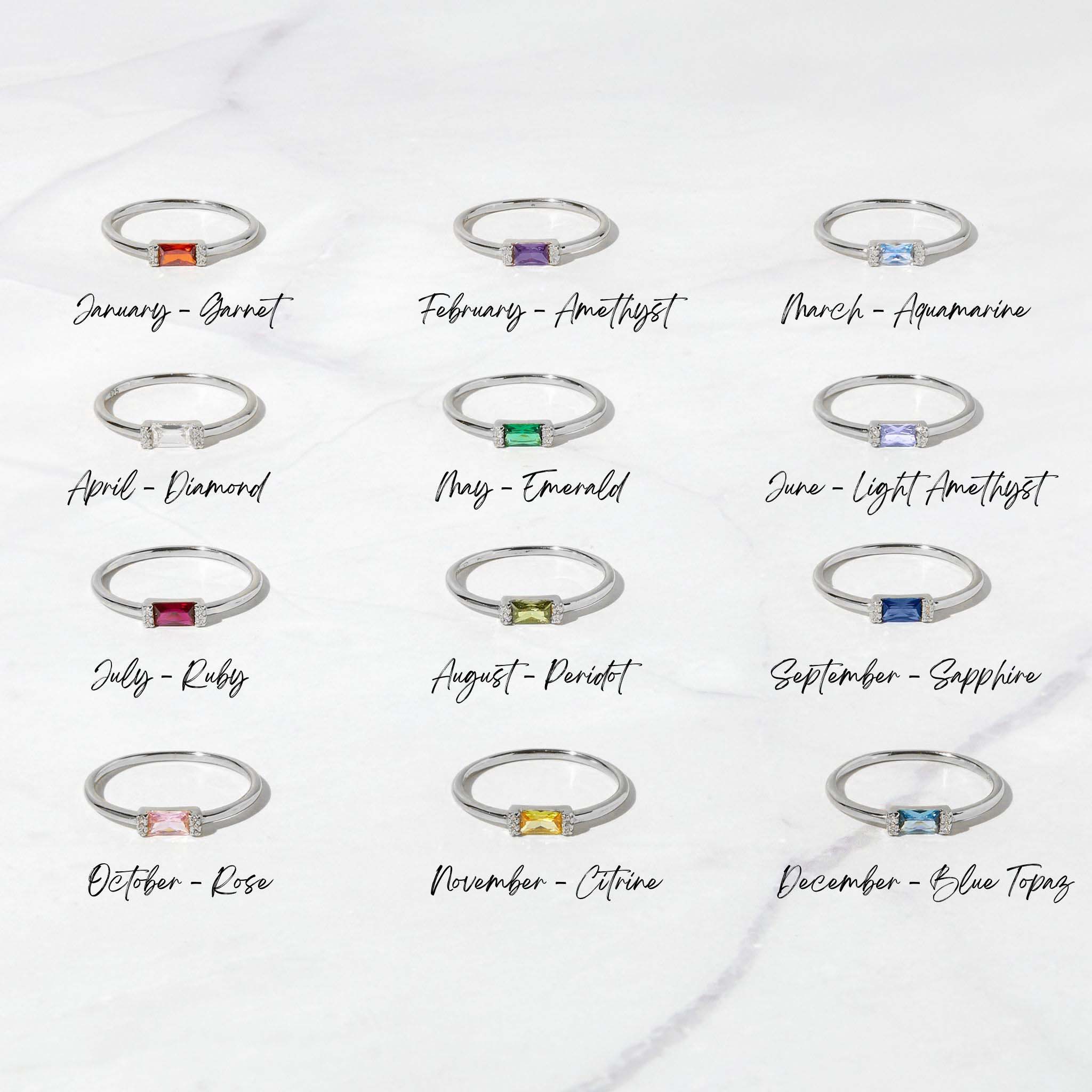 Silver Simple Baguette Birthstone Rings - AYUNA