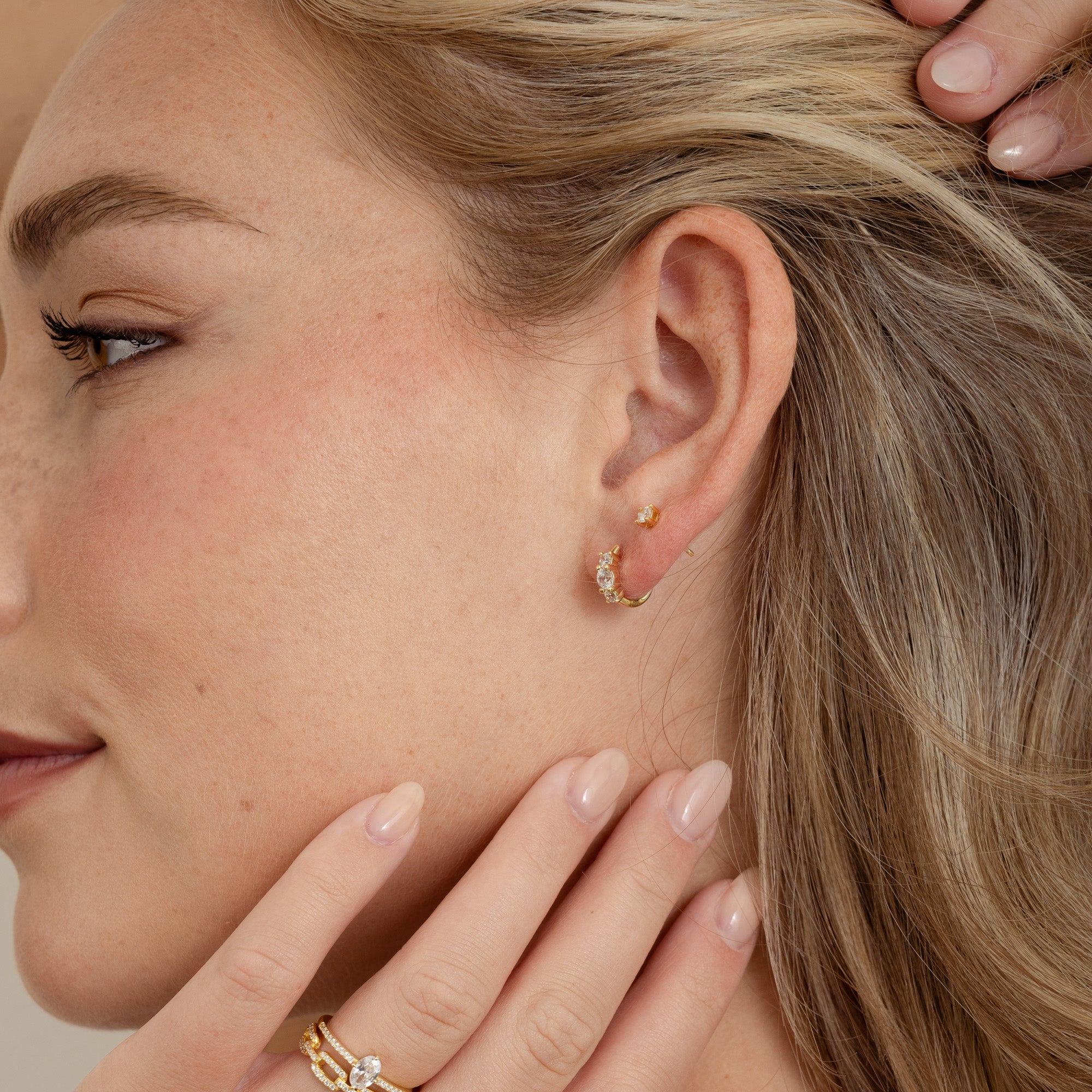 Three Stone Huggie Hoops - AYUNA